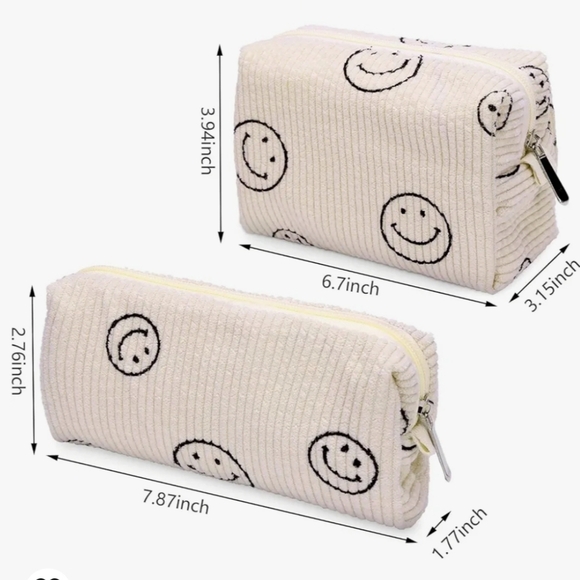 Lyanyan 2 Piece Makeup Bag Set in Beige Corduroy with a Black Smiley Face Print - Picture 6 of 7